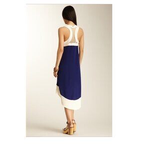 Dex Blue High-Low Dress w/ beautiful off-white/cream knit crochet neck detail